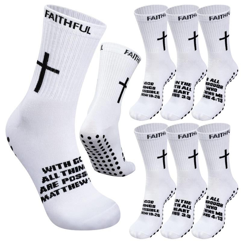 6 Pairs Bible Verse Cross Sock Cross Grip Soccer Socks Anti-Slip Grip Socks with Rubber Dots Christian Gift for Youth Men Sport Basketball Football Tennis Gym Comfortable Fit