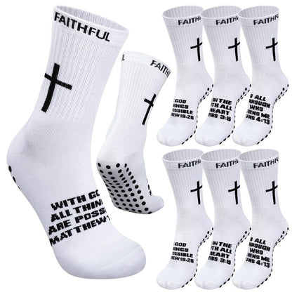 6 Pairs Bible Verse Cross Sock Cross Grip Soccer Socks Anti-Slip Grip Socks with Rubber Dots Christian Gift for Youth Men Sport Basketball Football Tennis Gym Comfortable Fit
