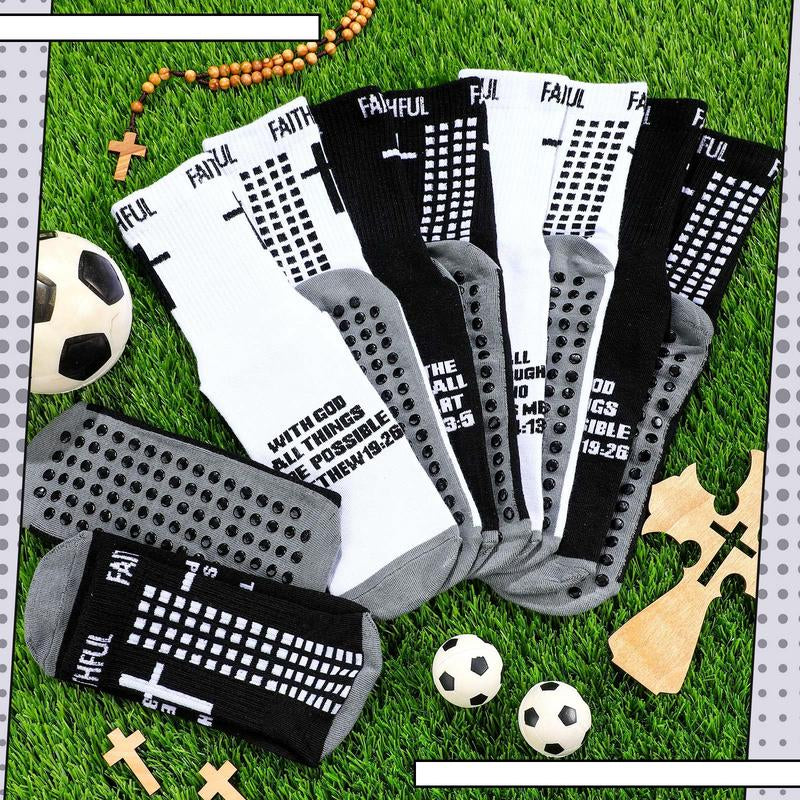6 Pairs Bible Verse Cross Sock Cross Grip Soccer Socks Anti-Slip Grip Socks with Rubber Dots Christian Gift for Youth Men Sport Basketball Football Tennis Gym Comfortable Fit