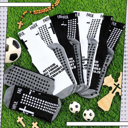 6 Pairs Bible Verse Cross Sock Cross Grip Soccer Socks Anti-Slip Grip Socks with Rubber Dots Christian Gift for Youth Men Sport Basketball Football Tennis Gym Comfortable Fit