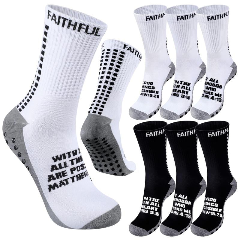 6 Pairs Bible Verse Cross Sock Cross Grip Soccer Socks Anti-Slip Grip Socks with Rubber Dots Christian Gift for Youth Men Sport Basketball Football Tennis Gym Comfortable Fit