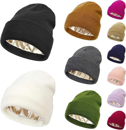 No Static-No Frizz-No Tangle Satin Lined Beanie,Winter Warm Silk Satin Lined Knit Hat,Anti-Static Satin Lined Caps Beanie Hat
