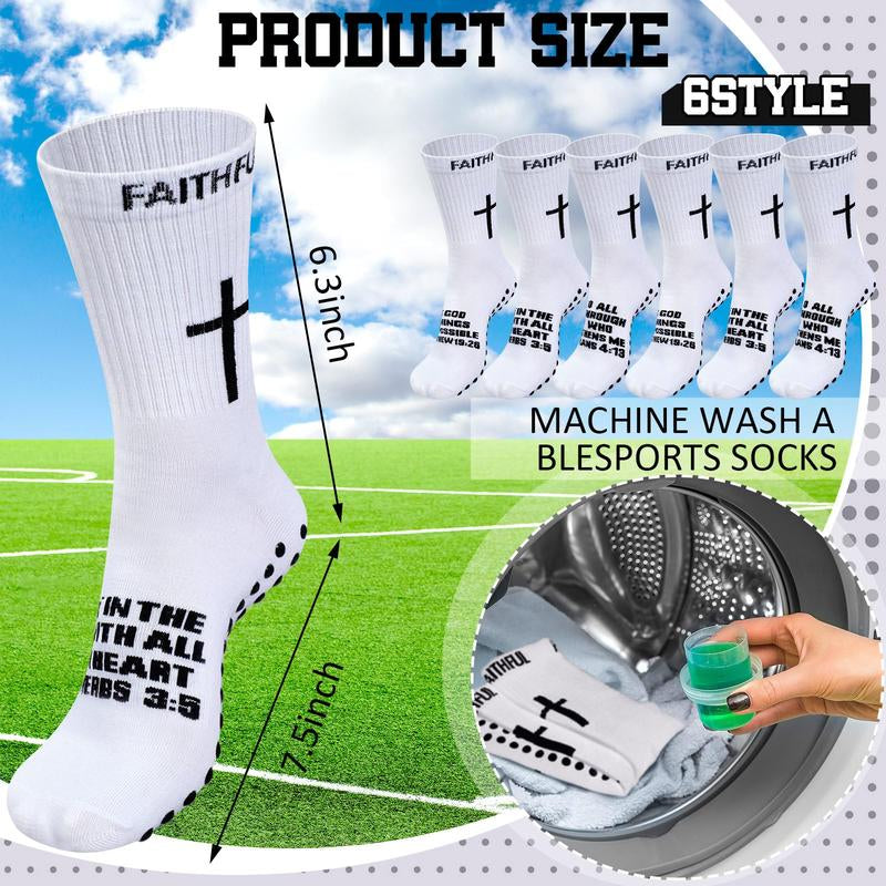 6 Pairs Bible Verse Cross Sock Cross Grip Soccer Socks Anti-Slip Grip Socks with Rubber Dots Christian Gift for Youth Men Sport Basketball Football Tennis Gym Comfortable Fit