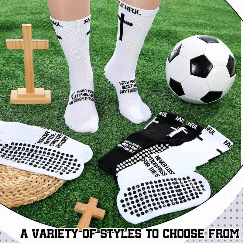 6 Pairs Bible Verse Cross Sock Cross Grip Soccer Socks Anti-Slip Grip Socks with Rubber Dots Christian Gift for Youth Men Sport Basketball Football Tennis Gym Comfortable Fit