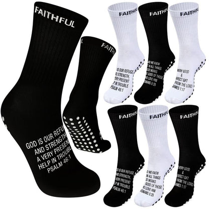 6 Pairs Bible Verse Cross Sock Cross Grip Soccer Socks Anti-Slip Grip Socks with Rubber Dots Christian Gift for Youth Men Sport Basketball Football Tennis Gym Comfortable Fit