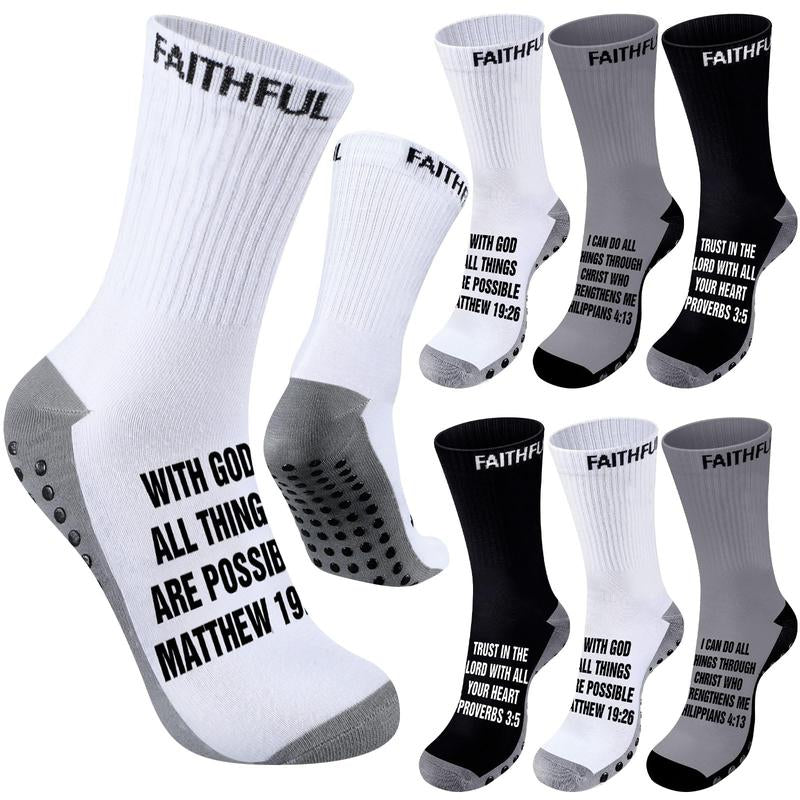 6 Pairs Bible Verse Cross Sock Cross Grip Soccer Socks Anti-Slip Grip Socks with Rubber Dots Christian Gift for Youth Men Sport Basketball Football Tennis Gym Comfortable Fit