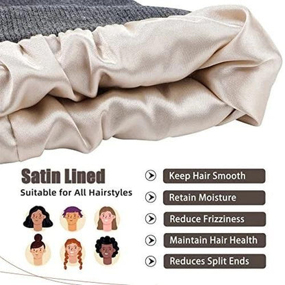 No Static-No Frizz-No Tangle Satin Lined Beanie,Winter Warm Silk Satin Lined Knit Hat,Anti-Static Satin Lined Caps Beanie Hat