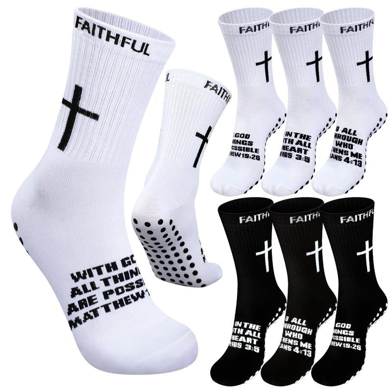 6 Pairs Bible Verse Cross Sock Cross Grip Soccer Socks Anti-Slip Grip Socks with Rubber Dots Christian Gift for Youth Men Sport Basketball Football Tennis Gym Comfortable Fit
