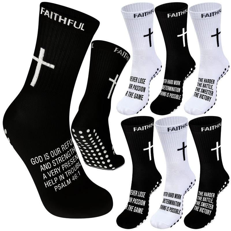 6 Pairs Bible Verse Cross Sock Cross Grip Soccer Socks Anti-Slip Grip Socks with Rubber Dots Christian Gift for Youth Men Sport Basketball Football Tennis Gym Comfortable Fit